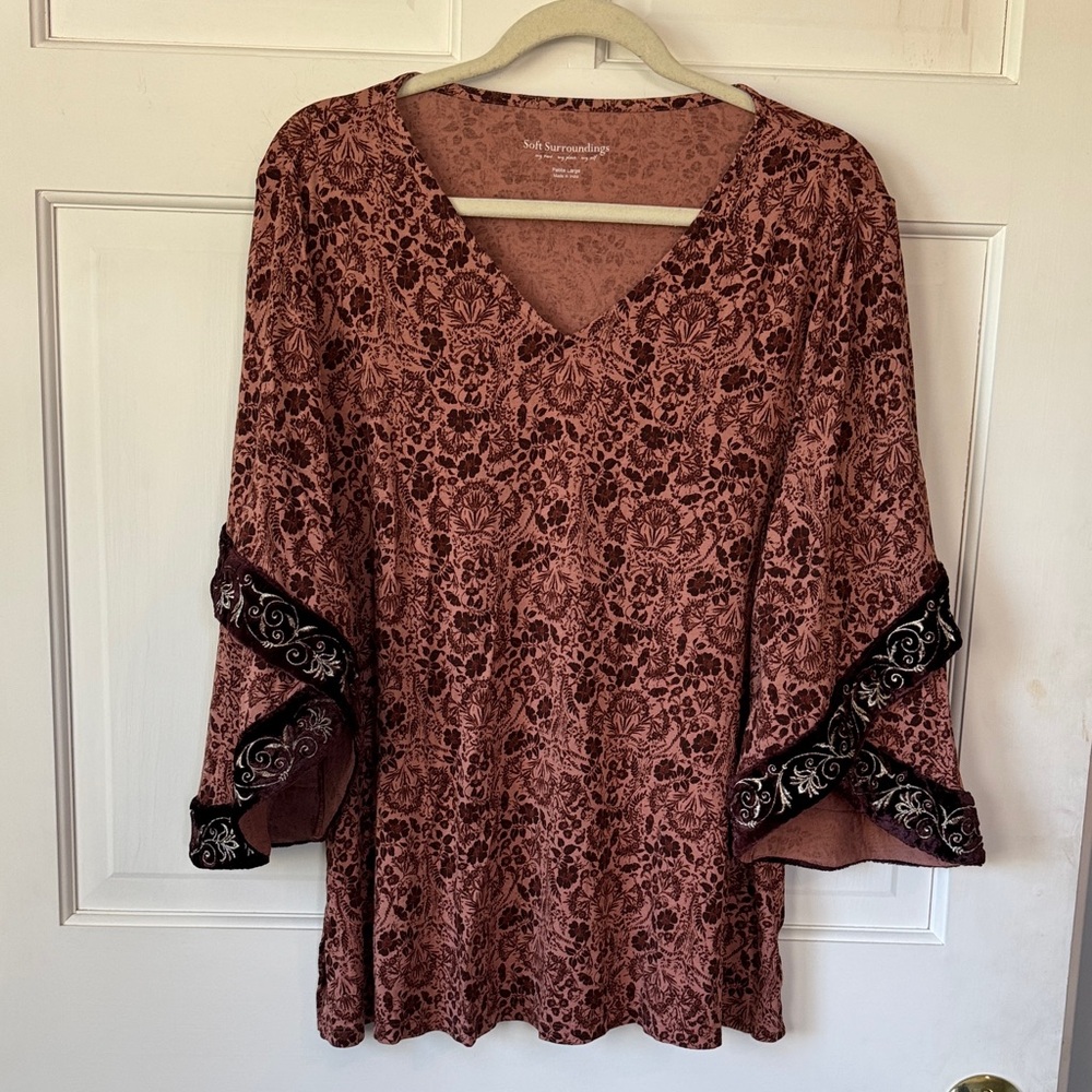 Soft Surroundings Floral Lace Blouse Rich Burgundy and Rose W Velvet Trim